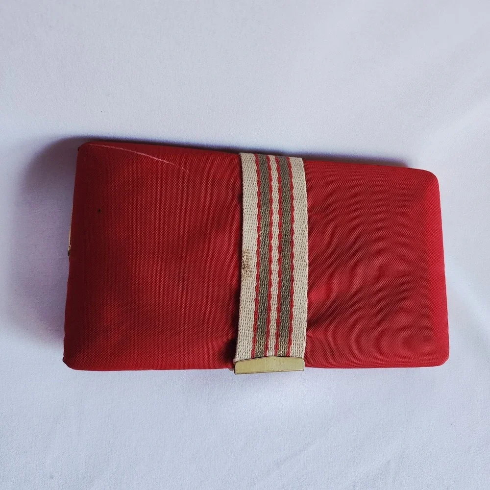 Vintage MCM Red Jewelry Box Travel Case Mirror 1960s Retro Canvas Organiser Mod